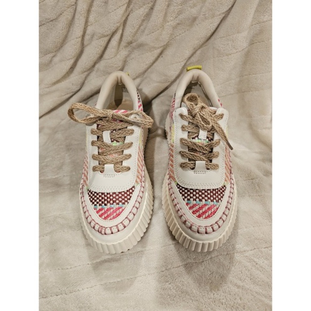 Dolce Vita Cream Multicolor Woven Platform Sneakers with Yellow Tab - Picture 2 of 11